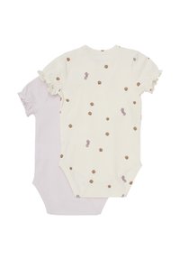 Set aus zwei Babybodys: einer in Creme mit Muschel- und Seepferdchenmotiven und einer einfarbig in Hellrosa. Beide haben Rüschenschößchen.