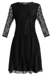 Svart knälång klänning med blommig spetsöverdel och trekvartslånga genomskinliga spetsärmar, flytande enfärgad kjol, rund halsringning.