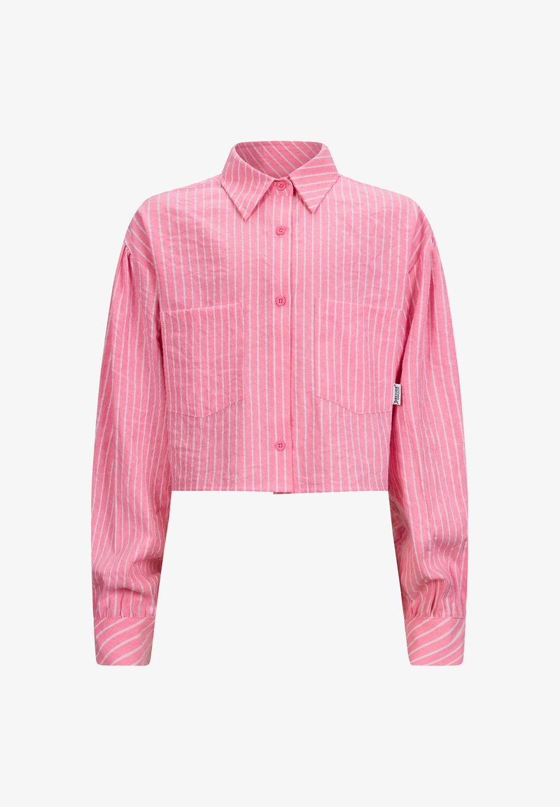 Cropped shirt made of pink fabric with white vertical stripes. Features a collar, long sleeves, and two front pockets with button fastenings.