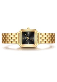 Kuldtonu ruudukujuline kell musta taustaga. Roostevabast terasest rihm on kudumiskujundiga. Tunninäidikud ja käed on kontrastset kuldset värvi.