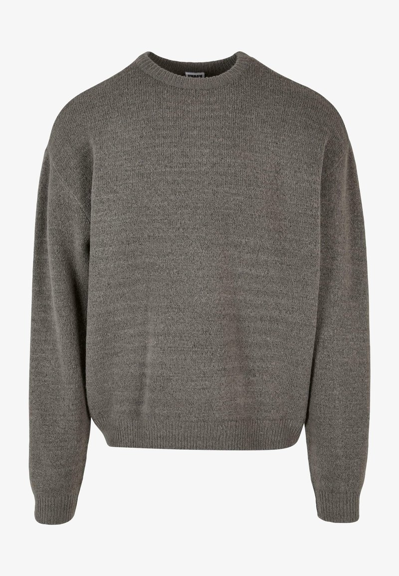 Suéter gris de punto con un escote redondo, mangas largas y puños y dobladillo acanalados. La tela es texturizada y suave, con variaciones sutiles.
