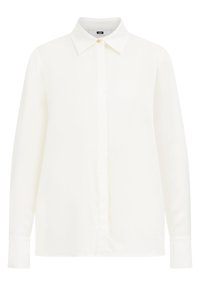 Biela košeľa s dlhým rukávom vyrobená z hladkej tkaniny, s klasickým golierom, predným zapínaním na gombíky a gombíkovými manžetami. Jednoduchý, nezdobený dizajn.