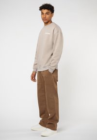 Lichtbeige sweatshirt met witte tekst, gecombineerd met bruine cargobroek en witte sneakers. De pasvorm is ontspannen met ribgebreide manchetten en een gladde textuur.