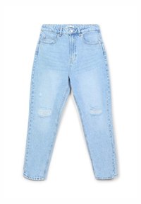 Jean en denim bleu clair avec une coupe décontractée, présentant des accents déchirés au niveau des genoux et un design classique à cinq poches.