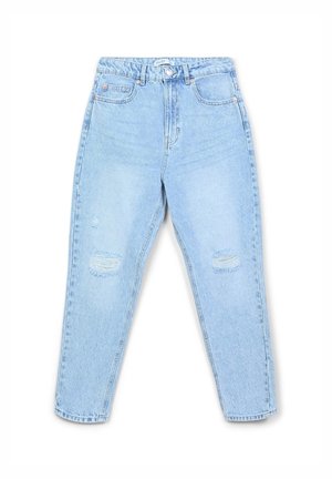 Jeans in denim blu chiaro con vestibilità ampia, caratterizzati da strappi sulle ginocchia e un classico design a cinque tasche.