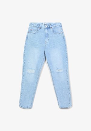 Jeans in denim blu chiaro con vestibilità ampia, caratterizzati da strappi sulle ginocchia e un classico design a cinque tasche.