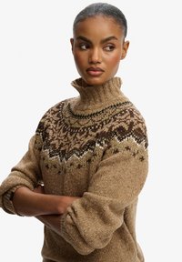 Pull en maille brun avec un col montant et un empiècement à motifs dans les teintes de vert, crème et marron foncé. Tricot texturé et épais.