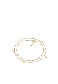 Collana in oro placcato con più catene, dotata di accenti a disco rotondo, texture liscia e chiusura regolabile.