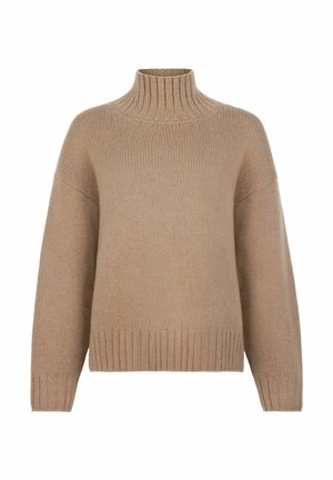 Beige strikket uldtrøje med høj ribbet turtleneck, lange ærmer og ribbede manchetter og kant, vist på en hvid baggrund.