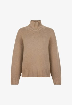 Beige strikket uldtrøje med høj ribbet turtleneck, lange ærmer og ribbede manchetter og kant, vist på en hvid baggrund.
