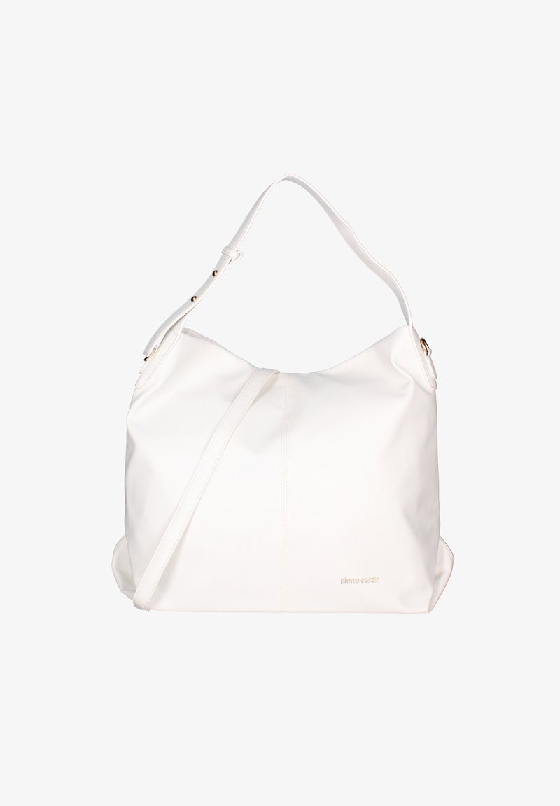 Sac à main en cuir blanc au design décontracté, avec une seule bandoulière et des détails en or subtils. Fini texturé et détail du logo.