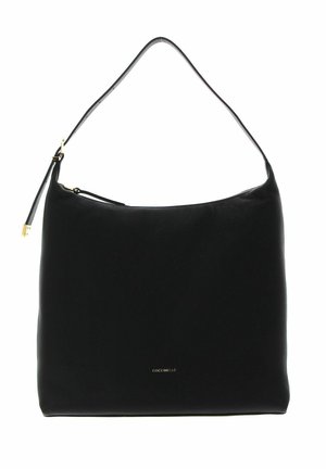 Sac à épaule en cuir noir avec une texture lisse, un dessus arrondi, une fermeture éclair et un design minimaliste. Des accents en métal doré sont visibles.
