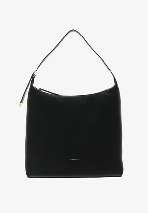 Sac à épaule en cuir noir avec une texture lisse, un dessus arrondi, une fermeture éclair et un design minimaliste. Des accents en métal doré sont visibles.