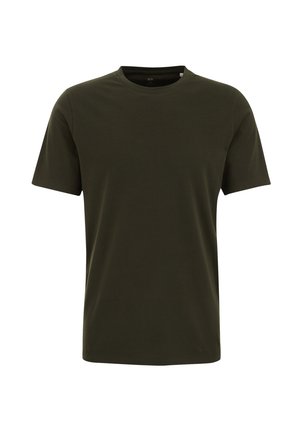 Olivegrünes T-Shirt mit kurzen Ärmeln aus softem Stoff, ausgestattet mit einem klassischen Rundhalsausschnitt und einem geraden Schnitt ohne Muster oder Akzente.