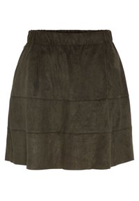 Zelená sukně A-line z semiše, s pružným pasem a vrstveným designem, s hladkou texturou a prošívanými detaily.