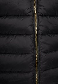 Gilet nero imbottito con pannelli trapuntati, dotato di zip dorata al centro. Tessuto liscio e lucido con una texture leggera.