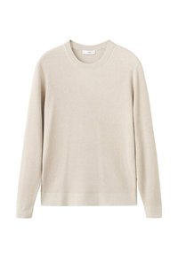 Beige geribbelde trui met lange mouwen en een ronde halslijn. Gemaakt van een zachte stof, met een ontspannen pasvorm en minimale details.