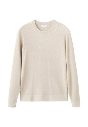 Beiger gerippter Pullover mit langen Ärmeln und rundem Ausschnitt. Hergestellt aus einem weichen Material, mit entspannter Passform und minimalen Details.