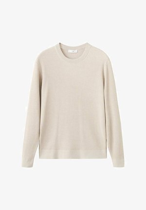 Beiger gerippter Pullover mit langen Ärmeln und rundem Ausschnitt. Hergestellt aus einem weichen Material, mit entspannter Passform und minimalen Details.