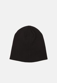 Black knitted beanie hat with a seamless crown, soft texture, and a tapered shape, designed for comfort and warmth.