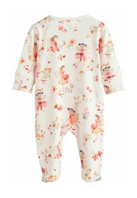 Body per neonati in cotone bianco con stampa di fate e fiori pastello. Maniche lunghe, polsini elasticizzati e scollo rotondo. Tessuto morbido in tutto il capo.
