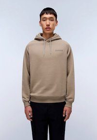 Felpa beige con cappuccio e cordino, dotata di polsini a costine e un logo discreto sul petto. Tessuto morbido di peso medio.