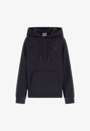 Dark grey hooded sweatshirt made of soft fabric. Features front pocket, drawstrings, and subtle logo on the chest and sleeves.