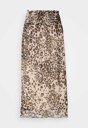 Jupe maxi à imprimé léopard avec une taille smockée, en tissu léger et transparent, et un ourlet fluide avec une texture légèrement translucide.