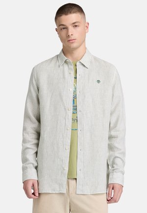 Giovane uomo che indossa una camicia a righe grigio chiaro e bianca sopra una t-shirt verde con stampa e pantaloni beige, in piedi contro uno sfondo semplice.