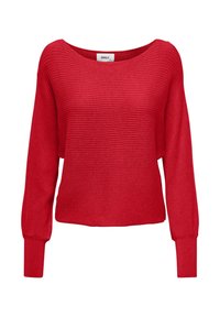 Pull côtelé rouge avec un large col, des manches longues et une coupe décontractée. Confectionné en tissu doux et texturé pour plus de confort.