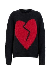 Schwarzer gestrickter Pullover mit einem großen roten Herzdesign, das durch eine gezackte schwarze Linie in der Mitte geteilt ist. Texturiertes Material und gerippte Ärmel.