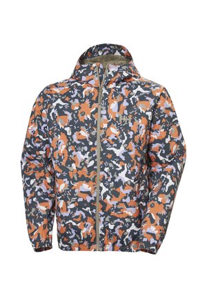 Men's hooded jacket with full zipper, elastic cuffs, and multicolor orange, gray, white, and lavender camouflage pattern.