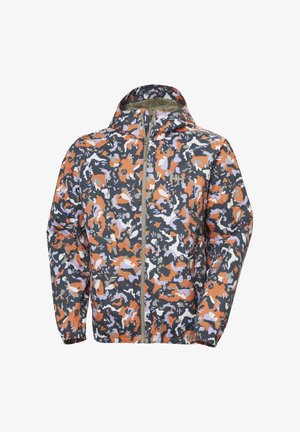 Men's hooded jacket with full zipper, elastic cuffs, and multicolor orange, gray, white, and lavender camouflage pattern.