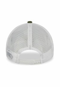 Weißer Netz-Cap mit gebogenem Schild, verstellbarem Kunststoffriemen auf der Rückseite und einem grünen Knopf oben. Strukturierte Oberfläche mit atmungsaktivem Design.