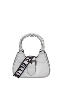 Weißer Handtasche mit geschwungener Form, glattem Kunstledermaterial, Obergriff und einem abnehmbaren Tragegurt mit "ARC ELLIS" in fettem Schwarz.