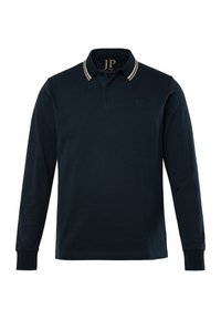 Marineblaues Langarm-Polohemd aus Baumwolle, ausgestattet mit einer Drei-Knopf-Leiste, einem gerippten Kragen mit weißen und beigen Streifen sowie einem gestickten Logo.