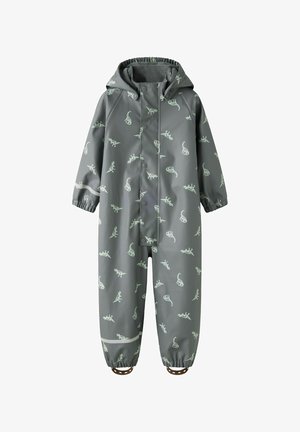 Grau wasserdichter Regenanzug mit Dinosaurier-Muster, elastischen Bündchen und einer Kapuze. Verfügt über Druckknöpfe und einen reflektierenden Streifen am Unterschenkel.