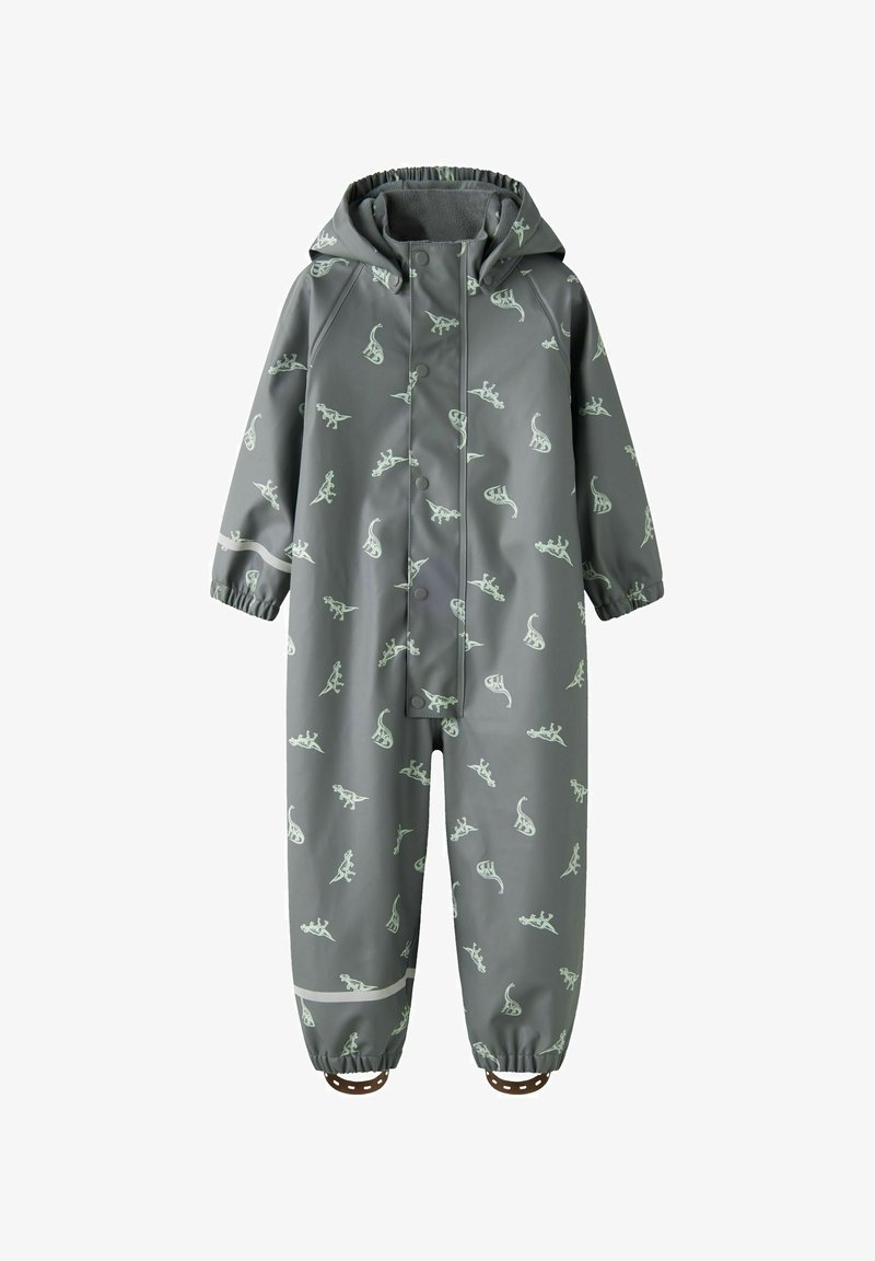 Grå vanntett regndress med dinosaurmønster, elastiske mansjetter og hette. Har trykknapper og en reflekterende stripe på den nederste delen av benet.