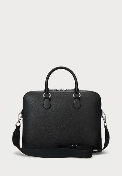 Black leather handbag with a textured finish, dual top handles, detachable shoulder strap, and silver hardware accents.