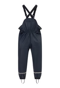 Námornícke modré neprefúkavé overalové nohavice vyrobené z vinylu, so nastaviteľnými krížovými popruhmi na chrbte, elastickým pásom a reflexnými pruhmi na spodnom okraji.