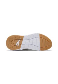 Semelle de sneaker blanche avec une semelle extérieure en caoutchouc gomme ; motif de grip texturé et détails de rembourrage visibles. Présente un logo de marque au centre.