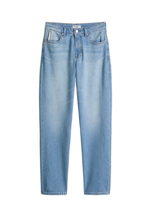 Jean bleu clair taille haute à jambes droites avec cinq poches et fermeture à boutons, présenté à plat sur fond blanc.