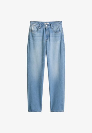 Jean bleu clair taille haute à jambes droites avec cinq poches et fermeture à boutons, présenté à plat sur fond blanc.