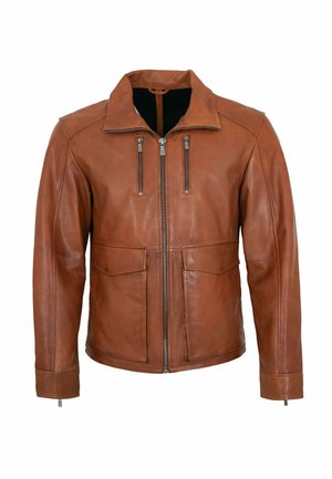Brown leather jacket with front zipper, two vertical zippered chest pockets, and two flap pockets at the waist, displayed on white background.