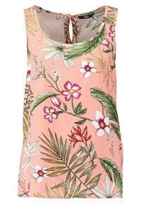 Haut sans manches à motifs floraux, en tissu rose pâle avec feuilles vertes et fleurs multicolores. Encolure arrondie et détail œillet dans le dos.