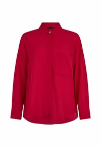 Chemise rouge à manches longues avec boutons, poche poitrine avant et col classique, présentée sur fond blanc.