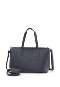 Borsa in pelle a grana pebbled di colore blu navy con doppi manici e tracolla staccabile. Presenta una chiusura con zip e un sottile logo in evidenza.