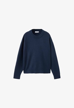 Navy blue knitted sweater with a round neckline, long sleeves, and ribbed cuffs and hem. Soft texture, relaxed fit, minimal design.
