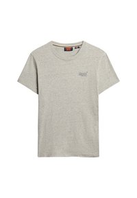Grå bomulds t-shirt med korte ærmer, rund halsudskæring og lille trykt logo på brystet. Blød tekstur, afslappet pasform og ukompliceret design.