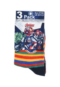 Pacco da tre paia di calze con un motivo a righe multicolore in giallo, rosso, verde e blu, con un tallone blu navy. Il pacchetto include grafiche degli Avengers.